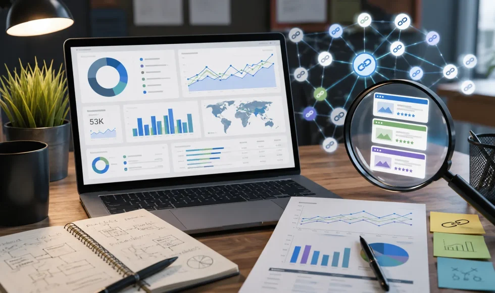 Analisi dei backlink dei competitor con dashboard SEO e rete di collegamenti